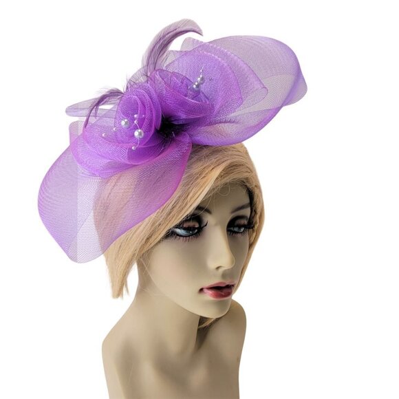 Purple Fascinator Soft Sinamay Crinoline with Loops Bows and Pearl Accents - Picture 2 of 9